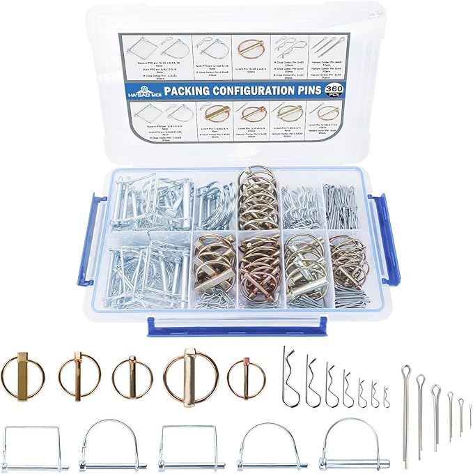 360Pcs Heavy Duty Pin Assortment Kit - Hitch Pins R Clip PIns - Hair Pins- Lynch Pins - PTO Pins for Trucks Trailers Tractors Mowers 3 Point Accessories,Farm,Lawn,Hitches and Garden
