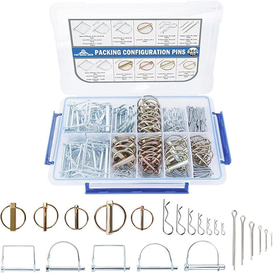 360Pcs Heavy Duty Pin Assortment Kit - Hitch Pins R Clip PIns - Hair Pins- Lynch Pins - PTO Pins for Trucks Trailers Tractors Mowers 3 Point Accessories,Farm,Lawn,Hitches and Garden