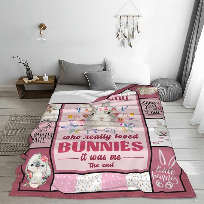 Rabbit Blanket Rabbits Throw Blanket Soft Fleece Flannel Bedding Bunny Gifts Just a Girl for Women Girls Lovers Adults Stuff Plush for Couch Sofa Bed Room Decor 50"X60"