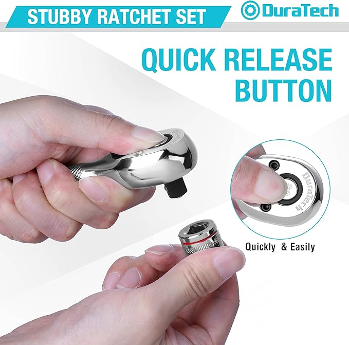 DURATECH 3PCS Stubby Ratchet Wrench Set, 90-Tooth 1/4" 3/8" 1/2" Drive Socket Wrench, Mini Small Ratchet with CR-MO Head, Quick-Release & Reversible Design, Full Polished, EVA Organizer