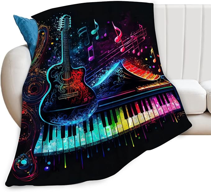 Colorful Guitar Blanket Ultra Soft Cozy Music Note Piano Throw Blanket Fleece Fuzzy Plush Bedding Rock Musical Instrument Gifts for Women Girls Kids Adults 80"x60"