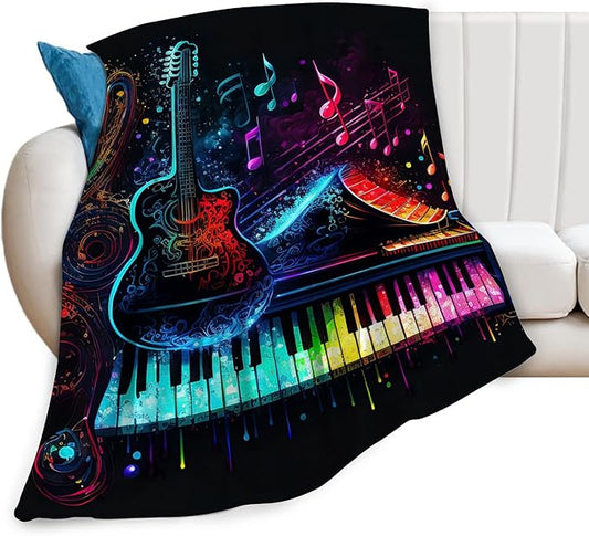Colorful Guitar Blanket Ultra Soft Cozy Music Note Piano Throw Blanket Fleece Fuzzy Plush Bedding Rock Musical Instrument Gifts for Women Girls Kids Adults 80"x60"