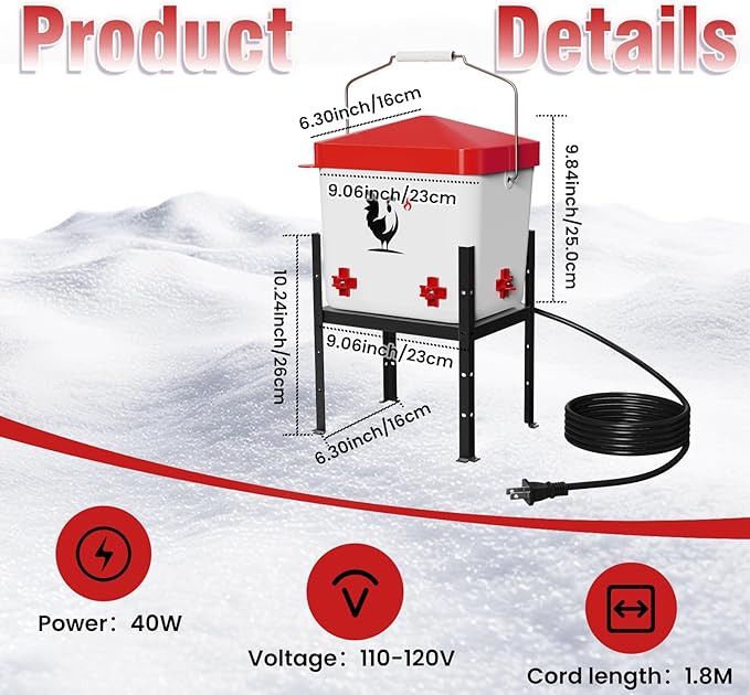Heated Chicken Waterer, 1.8 Gallon Chickens Poultry Waterer with Nipples, Height Adjustable & Detachable Stand, All-Season Chicken Coop Waterers, Chicken Water Heater (7L, Red Cover)
