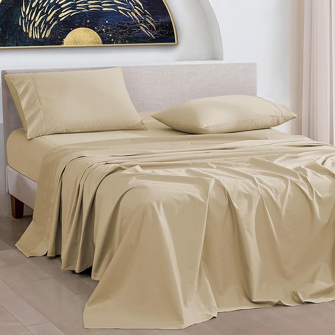 URBANHUT 1000 Thread Count Full Size Egyptian Cotton Sheets, Long Staple Soft & Breathable, 4 Pc Bed Sheet Sets, Luxury Hotel Sateen Sheets Fits 16" Deep Pocket - Sand