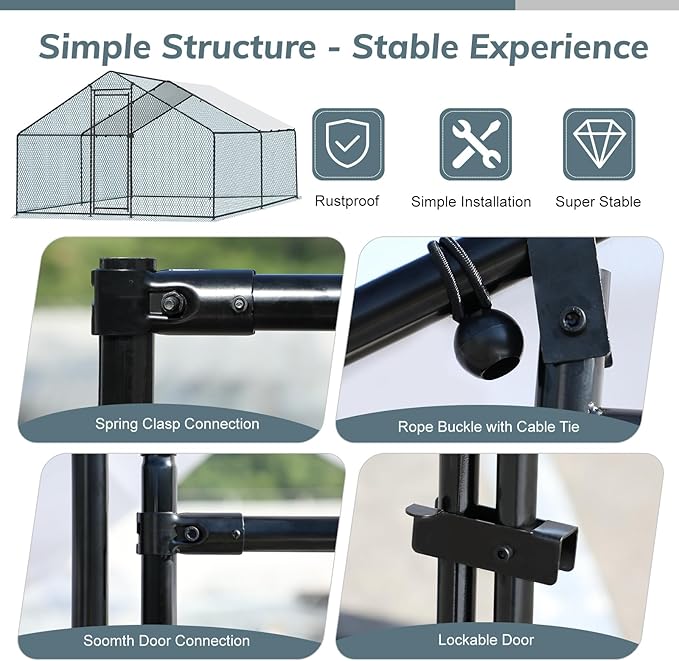 VINGLI Chicken Coop, Large Metal Poultry Cage for Chicken Run, Walk-in Chicken Pen with Waterproof & Anti-UV Cover Outdoor (Black-Spire Roof, 13.1 * 9.8 * 6.5 ft)