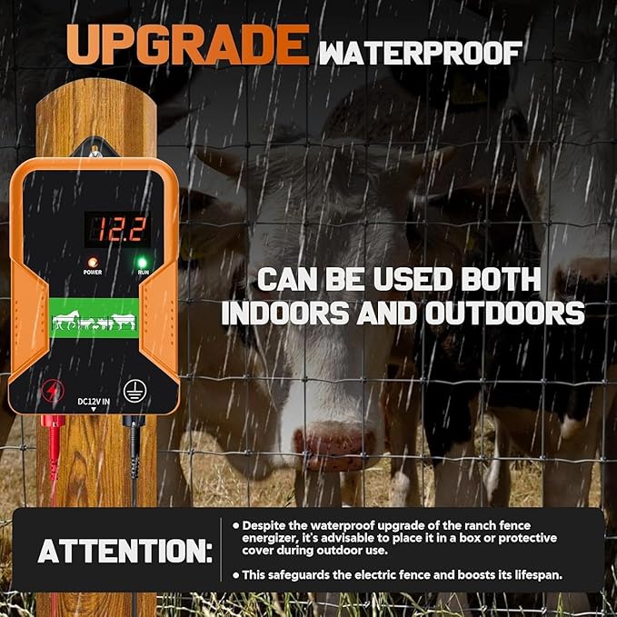 12 kV Electric Fence Charger with LED Display,2 Joule Pulse Energy,Covering up to 15 KM,Waterproof,Ideal for Home Pastures and Gardens by Containing Dogs,Livestock,Pets and Poultry