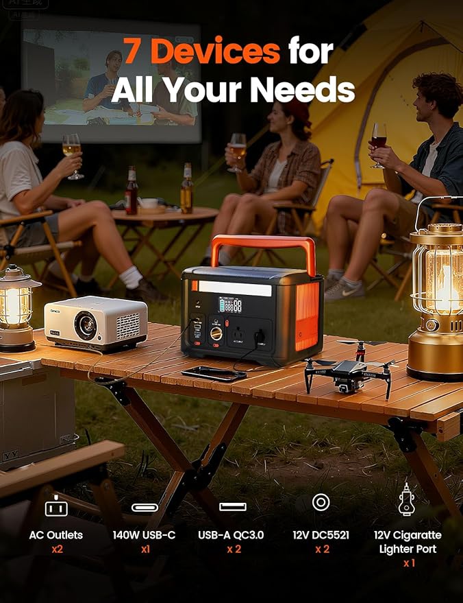 Portable Power Station 600W(1200W Surge), 299Wh Camping Power Station with 2 AC Outlet, 140W USB-C Fast Charging,7 Ports Mini Solar Generator for Camping Indoor Outdoor Emergency RV (CYBPULTE C601)