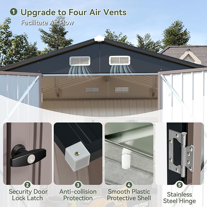 Aoxun 8x6 FT Outdoor Storage Shed Garden Metal Shed with Lockable Door Outdoor Large Shed for Tool, Garbage Can, Bike, Mower, Brown