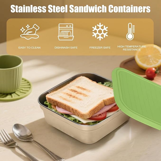 4PC Sandwich Containers, 20oz 304 Stainless Steel Sandwich Box with Lids, Reusable Metal Meal Prep Lunch Boxes, BPA-Free, Food Storage Containers for Snacks & Fruits