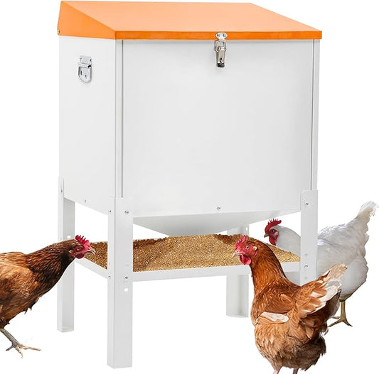 Chicken Feeder, 85LBS Capacity Metal Poultry Feeder (18” x 15.1” x 29.5”) for 16 Chickens, Powder-Coated Steel Feeder w/Waterproof Lid and Stainless Handles