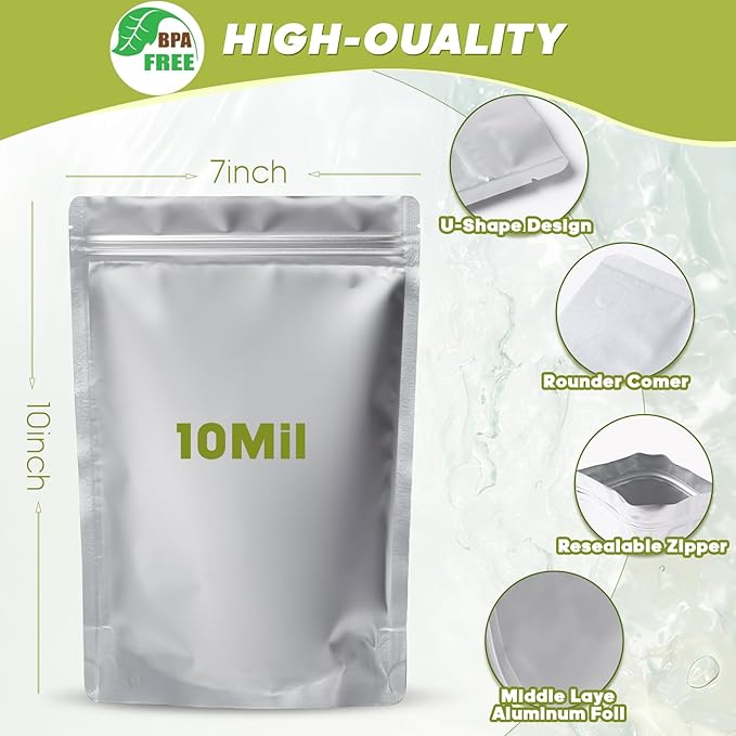 60pcs 1 Quart Mylar Bags for Food Storage with Oxygen Absorbers 400cc and Labels, Extra Thick 10 Mil - 7x10 Inch Zipper Pouches Resealable for Long Term Food Container Sets - Heat Sealable