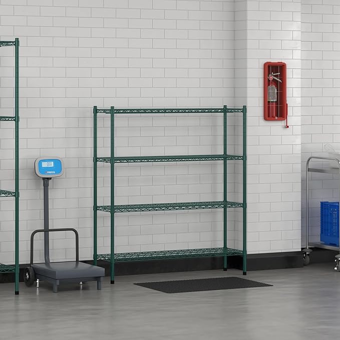 Commercial NSF Listed Green Epoxy Stationary Wire Shelving Kit 14" x 48" x 54", with 4 Shelves Perfect for Warehouse, Walk-in Refrigerator, Freezer, Grocery Store, Restaurant, Dishroom