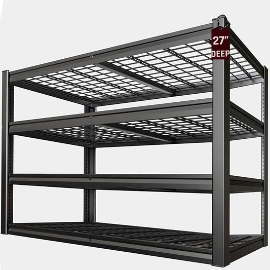 62" Wide Heavy Duty Garage Shelving Units, 4-Tier Deep Storage Shelves,Black Metal Garage Shelves,Steel Shelf,Large Storage Rack,Industrial Shelving for Shop, 62" W x 27" D x 62" H