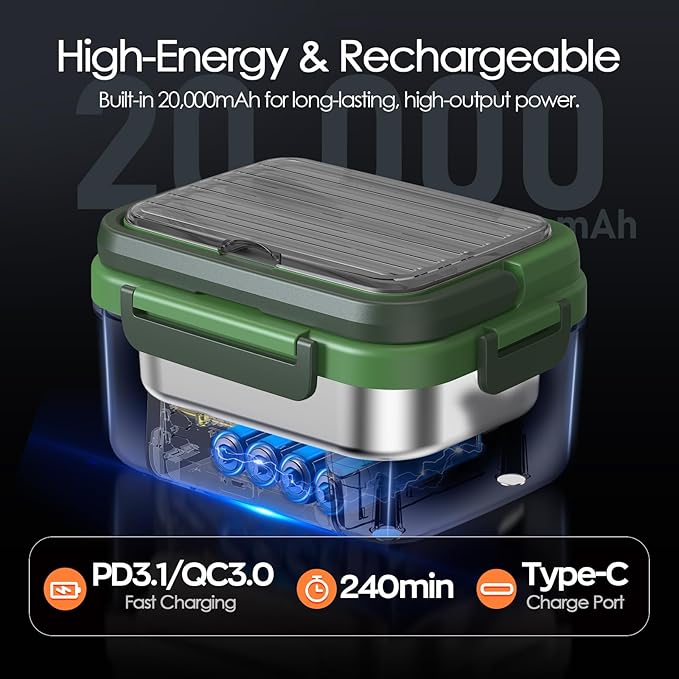 Cordless Electric Lunch Box, 6.3 Cup 100W Heated Lunch Box with 20000mAH Battery Powered for Self Heating, Including Fork Spoon and Insulated Bag for Men Women Adults, BPA Free(Dark Green)