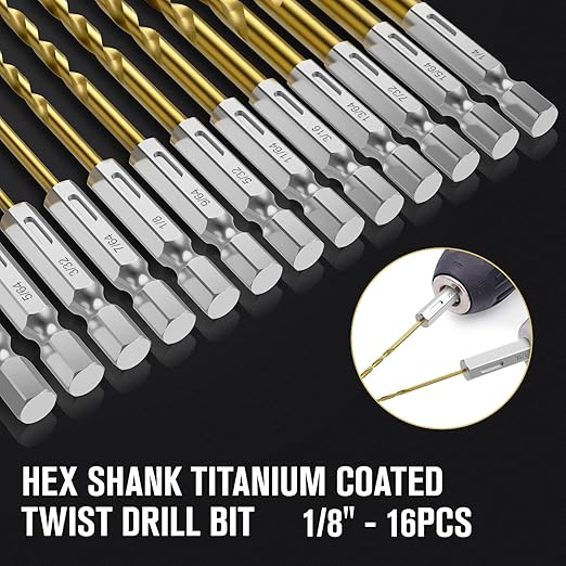 Hex Shank Drill Bit Set, 16Pcs 1/8" HSS Titanium Twist Drill Bit for Sheet Metal, Wood, Plastic, Quick Change Design
