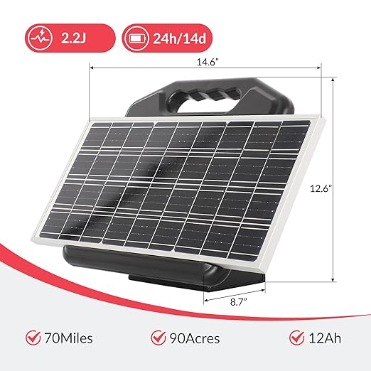 S2500 2.2 Joule Solar Fence Charger, 60 Miles Solar Electric Fence Charger for Livestock, Horses, Cattle Sheep, Portable and Super Tough