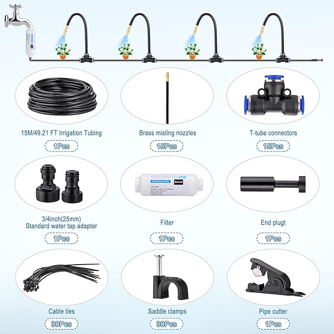 Mornajina Automatic Drip Irrigation Kits Garden Irrigation System, Includes Calcium Inhibitor Filter & 50FT 5/16 inch Irrigation Tubing Hose & 15Pcs 360° Bending Dropper Atomizing Mist Nozzles Tee