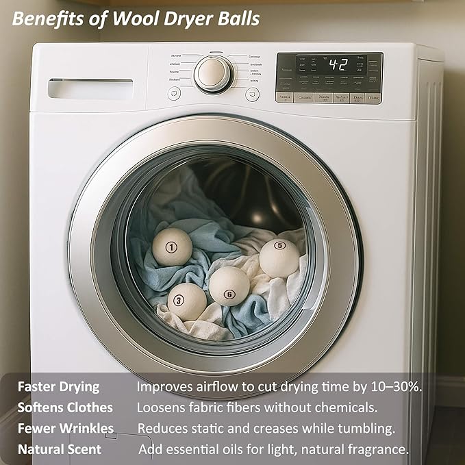 Wool Dryer Balls Laundry, XL(2.7") 6 Pack, Premium Fabric Softener Ball, Reusable, Anti Static, Chemical Free Natural Wool Balls for Dryer, Laundry Dryer Balls – 100% New Zealand Wool
