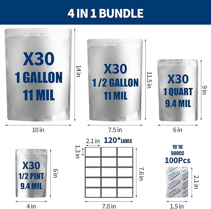 120PCS Mylar Bag Bundle, 4 Multi-Size Pouches(11Mil), 100x500cc Oxygen Absorbers, 120 Labels, Heat Sealable, Food Safe, BPA-Free – for Strong, Secure Long Term Food Storage, Silver