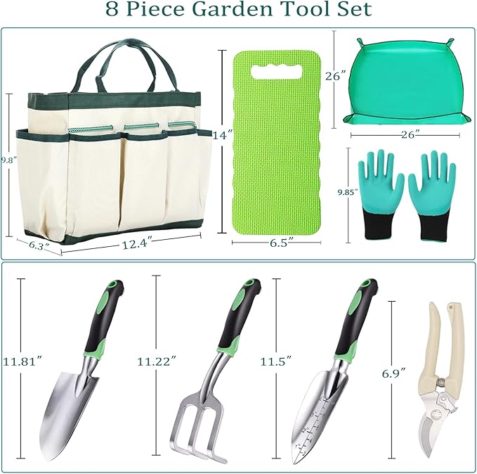 8-Piece Heavy-Duty Gardening Tools Set with Tote Bag - Rust-Proof Aluminum Gardening Hand Tools with Ergonomic Non-Slip Rubber Grips - Gardening Supplies Set Ideal Gift for Men & Women