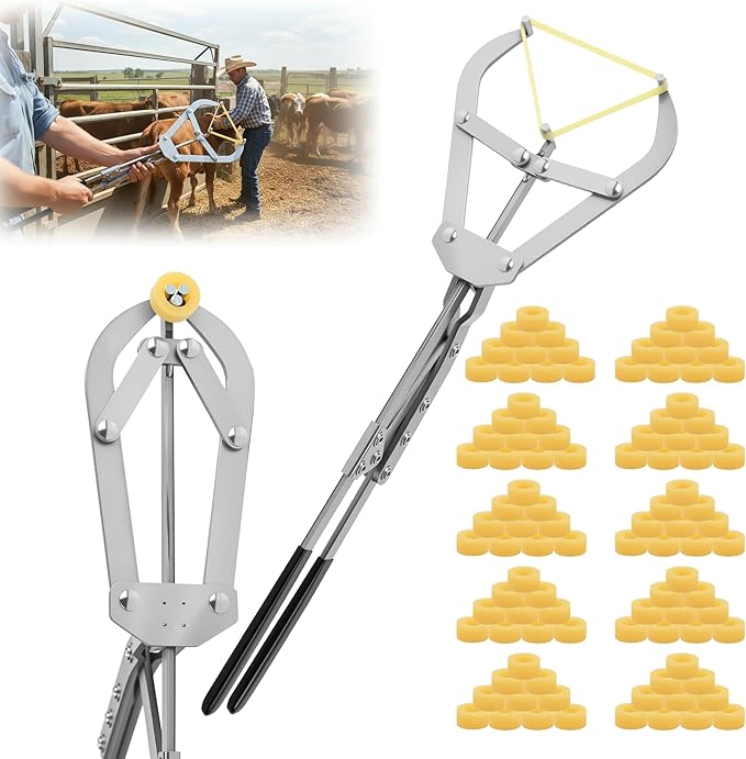 100 Elastrator Bands with Extra Large Stainless Steel Banding Tool Bander Livestock Management Fits Bull,Calves, Goats, Sheep, Easy Application