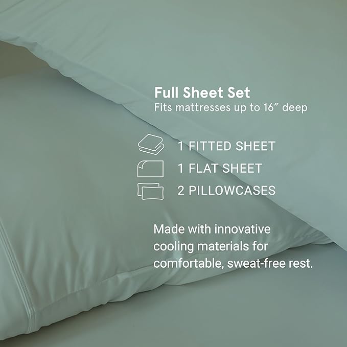 SHEEX - Original Performance Sheets Set (Full) Pearl Blue - Cooling Sheets - Moisture Wicking - 1 Flat Cooling Sheet, 1 Fitted Cooling Sheet, 2 Pillow Covers - Wrinkle Free - Sleep Aid