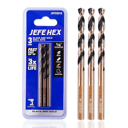 1/4" High Speed Steel Black & Gold Coated Drill Bit, Jobber Length with 3-Flat Shank, 135 Degree Split Point. Ideal for Steel, Wood and Plastics. Suitable for DIY & General Purpose Usage. (3 pcs)