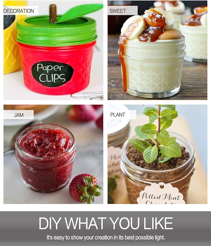 VERONES Mason Jars Canning Jars, 4 OZ Jelly Jars With Regular Lids and Bands, Ideal for Jam, Honey, Wedding Favors, Shower Favors, DIY Spice Jars, 32 PACK,Extra 32 Lids