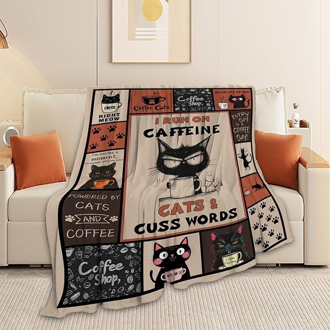Coffee Blanket, Black Cat Coffee Throw Blanket, Cafe Gifts Blankets Stuff Fleece Flannel Plush for Girls Women Men Boys Lovers Adults Soft Bedding Gift for Sofa Bed Office Home Decor 40"X50"