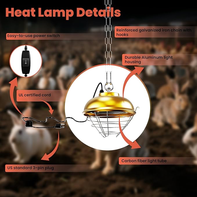 Heat Lamp for Chickens, 170W & 350W Adjustable Heating Temperature and Hanging Height, Chicken Coop Heater, Brooder Lamp, Carbon Fiber Heating Lamp for Chicks, Ducks, Rabbits, Cats, Dogs, Livestocks