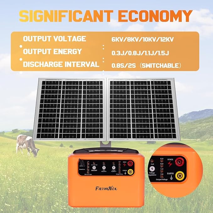 30 Miles Solar Electric Fence Charger with 15W Solar Panel,4 Gears Adjustable Output Power:0.3J,0.8J,1.1J,1.5J,24-Hour Protect Electric Fence for Livestock,Sheep,Horses,Cattle