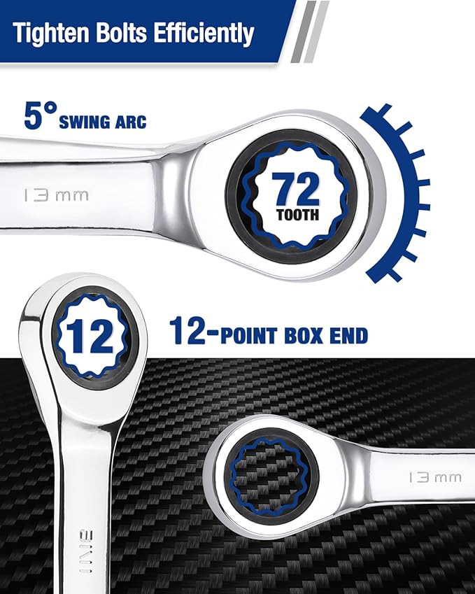 WORKPRO 13 mm Ratcheting Combination Wrench Metric, CR-V Constructed with Mirror Polish Chrome Plating, 12-Point Design, 15-Degree Offset