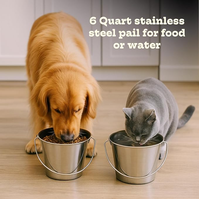 6 quart Heavy Duty Stainless Steel Round Bucket with Handle | 1.5 gal Sturdy Food & Water Bowl for XL Dogs Cats Goat sheep & Livestock | Fits kennel Crate Cage Farm | Hanging Utility Pail