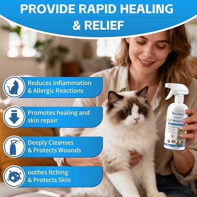Cat Wound Care Spray - Promotes Wound Healing and Repairs cuts, sores, hot Spots and Irritated Skin - Hypochlorous Acid Formula relieves itching and Irritation, Safe for Licking - 10.14 fl oz