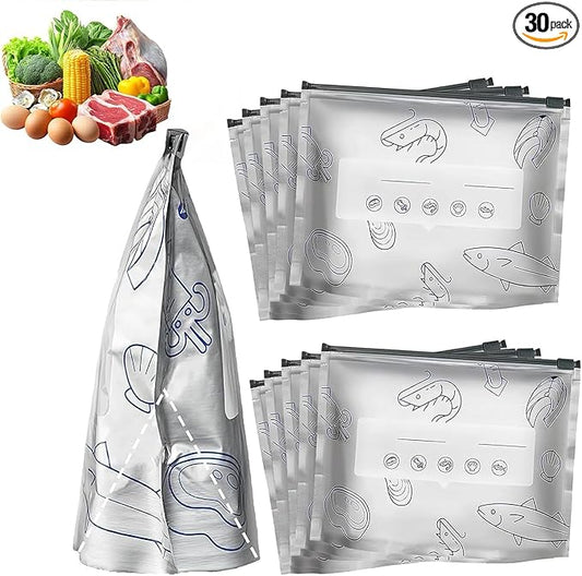 30PCS reusable aluminum foil sealed storage bags, 2025 new resealable food vacuum zipper bags, vegetable, fruit, and meat upright aluminum foil sealed bags with labels and zippers (10 each of 3 sizes)