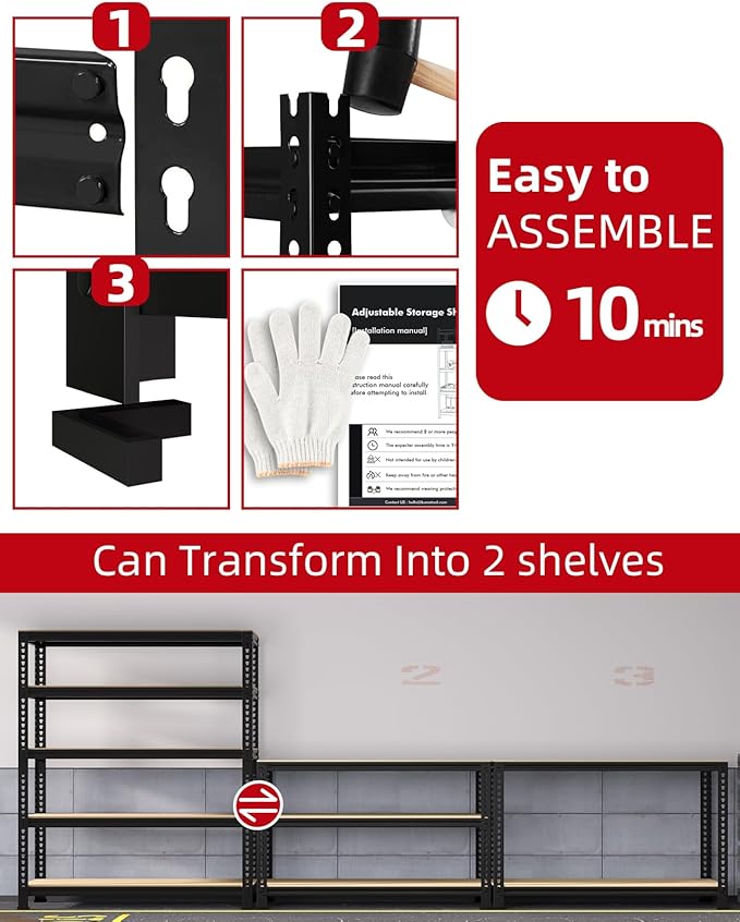 PrimeZone Heavy Duty Garage Storage Shelves - 48" W X 24" D X 72" H Adjustable Metal Shelving Unit, 5 Tier Industrial Shelves for Storage Standing Utility Rack for Warehouse, Pantry, Basement, Black