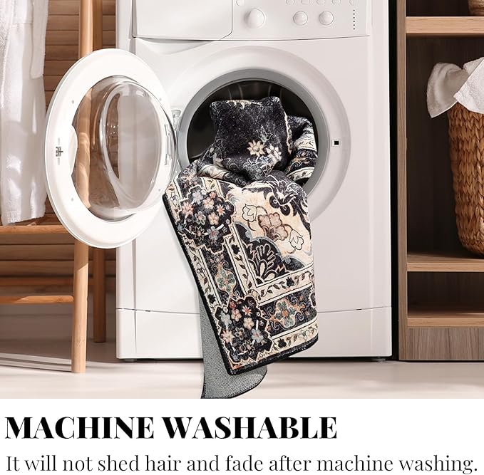 MUJOO Black Rug 6'x9',Washable Area Rugs for Living Room Bedroom Dining Room, Large Boho Vintage Farmhouse Distressed Non Slip Carpet,Floral Flowers