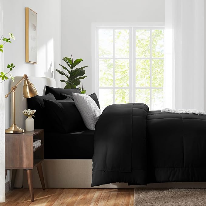 CozyLux Twin XL Comforter Set Black, 5 Pieces Twin Extra Long Bed in a Bag for College Dorm, All Season Bedding Set with Stitch Quilted Comforter, Flat Sheet, Fitted Sheet, Pillowcases