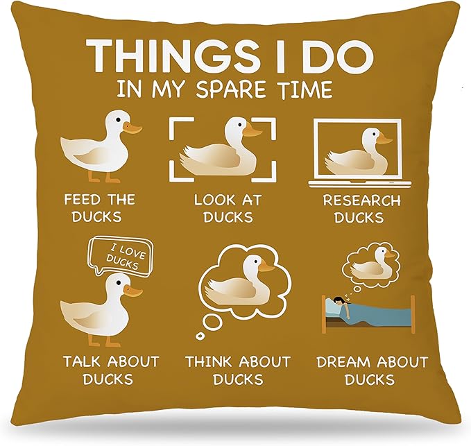 Funny Duck Throw Pillow Covers 18 x 18-Things I Do in My Spare Time Duck Decorative Pillow Covers,Funny Duck Gifts,Duck Gifts for Duck Lovers,Duck Themed Gifts for Women (Mustard Yellow)