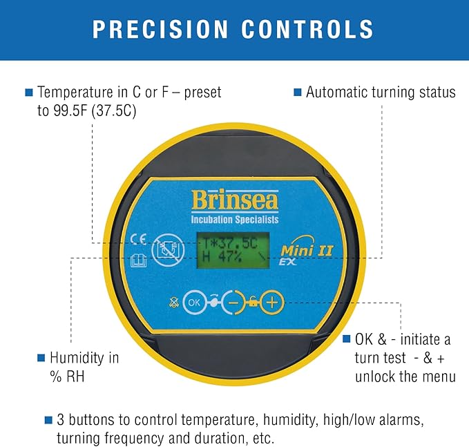 Brinsea Mini II EX Egg Incubator with Automatic Humidity Control and Egg Turning for Hatching 7 Chicken, Duck, Other Bird Eggs, Precision Digital Controls, Temperature Alarms