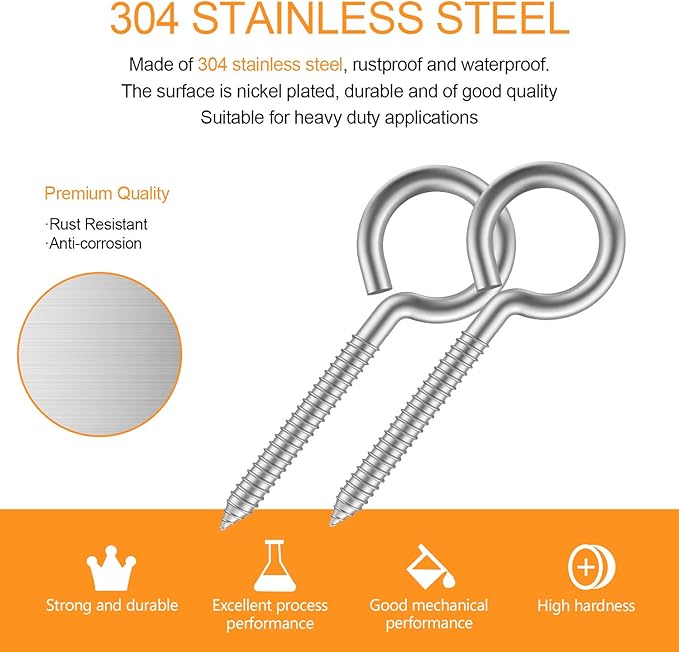 Pack of 20 Metal Hook Heavy-Duty Eye Screws, 304 Stainless Steel Screw Hooks, self-Tapping Eye Ring Bolt Hooks, Wood Terminal Eye Hole Hooks, Pendant Lights Wires, Strong Indoor