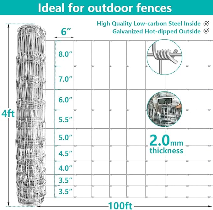 Farm Fence 4FT x 100FT, Heavy Duty Livestock Fence, Galvanized Welded Wire Fence for Deer, Cattle, Goat, Hog, Sheep, Animals and Field Protection