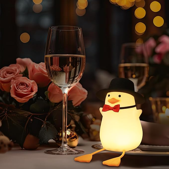 Benson Gentleman Duck Night Light - Cute Duck Lamp with Black Hat& Bow Tie, Warm Dimming Light & Timer for Room, Birthday, Xmas, Baptism Gifts for Baby Boys & Girls