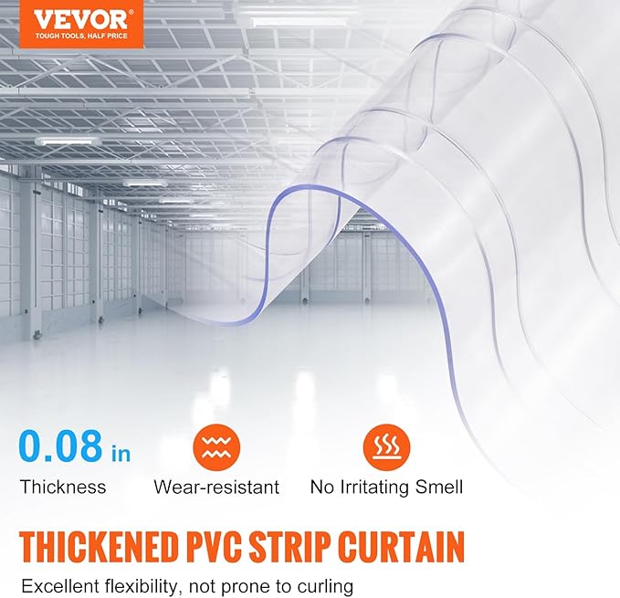 VEVOR Strip Curtain, 50' Length x 8" Width x 0.08" Thickness, Clear Ribbed PVC Curtain Strip Door Bulk Roll, Plastic Door Strips for Doorways of Supermarket, Garage, Warehouse, Barn, Pet Animal House