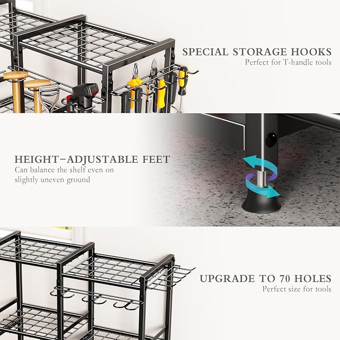 Garden Tool Organizer Storage Metal Yard Tool Organizer Heavy Duty Garden Tool Rack Stand with 2 Extra Hooks, Up To 70 Long Handled Shovels/Rakes/Brooms Holder for Garage,Shed,Outdoor(Black)