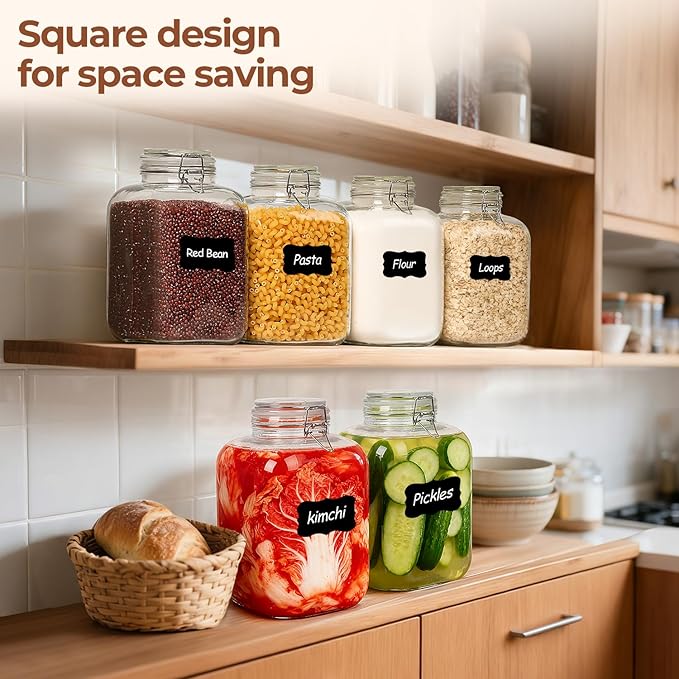 ComSaf 1.1 Gallon Glass Jar with Lid, Flour Sugar Storage Containers 4L, Cereal containers storage, Glass Jars with Airtight Lid, Large Storage Containers with Lids for Pickled Egg, Herb, Set of 2