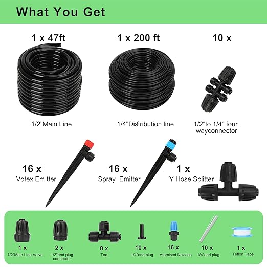 250FT Drip Irrigation Kit – 2025 New Quick-Connect Micro Irrigation System with 1/4'' 1/2'' Tubing, Locking Nozzle Emitters, Adjustable Misting Sprayers for Gardens, Lawns,Raised Beds and Greenhouses