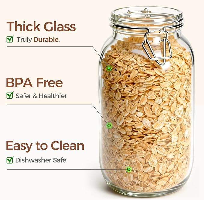 ComSaf Large Glass Jars with Lid 0.5 Gallon, Large Mason Jars Set of 3, Glass Canisters with Airtight Lids, Half Gallon Canning Jar with Seal Wire Clip Fastening for Kitchen, Pickle, Flour, Sugar