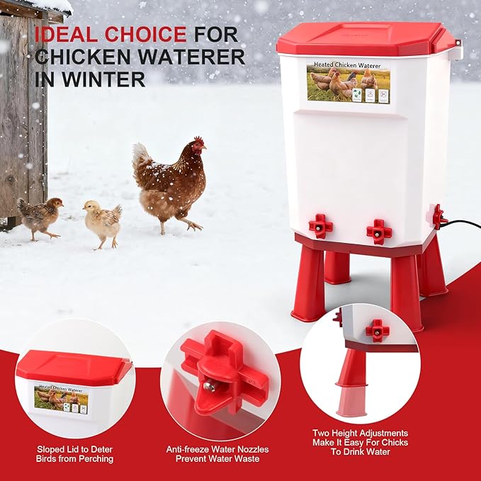 Heated Chicken Waterer Chicken Water with Heater for Winter with 4 Horizontal Nipples and Detachable Legs,3 Adjustable Heights,Poultry Drinker for Chicks, Ducks and Quail Polypropylene 3 Gallon