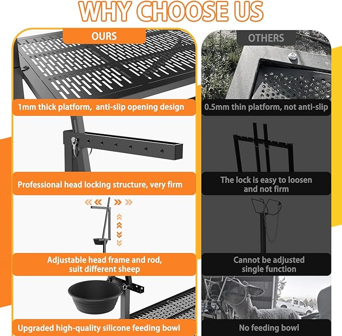 Upgrade Goat Milk Stand with Feed Bin, 600lbs Goat Stand for Grooming & Hoof Trimming, 1mm Thick Platform & Anti-Slip Design, Goat Grooming Stand with Firm Head Lock and Adjustable Head